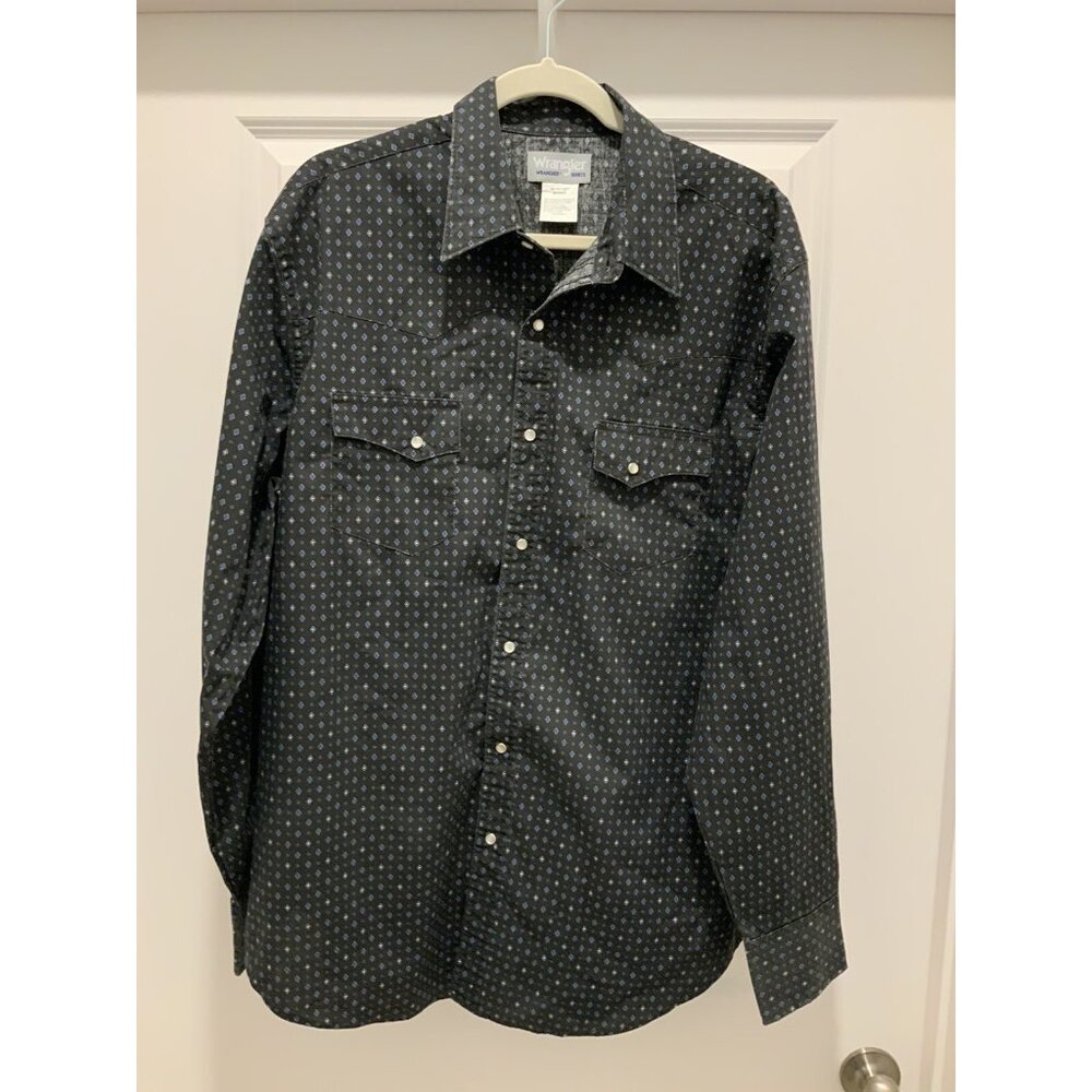 Wrangler Pearl Snap Shirt XL Long Sleeve Mens Wrancher Blue Black Diamond